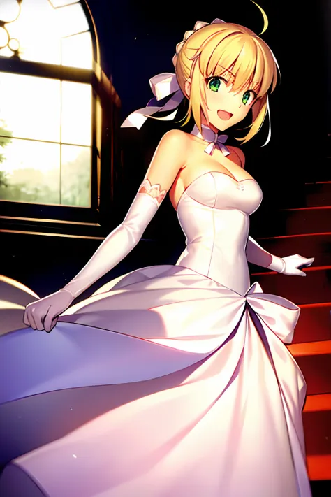 takashi takeuchi,

artorian pendragon \(fate\), saber,
1girl in, :d, ahoge, blonde hair, breasts, choker, cleavage, 鎖骨, dress, e...