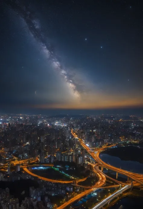 Giant crescent moon、high-level image quality、raw、20-year-old woman、nighttime scene、Milky Way Galaxy、Andromeda Nebula、tokyo streets、Flowing Lines of Light、Metropolitan Expressway Junction、Bang、Rainbow Bridge、Planetary approach