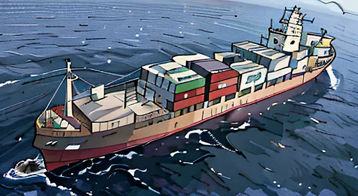 freighters，line drawings，in style of ghibli，cartoon anime