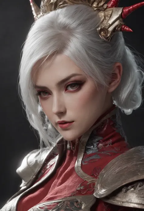 Cirilla Fiona Elen Riannon，Highest image quality，Outstanding details，超高分辨率，（Fidelity：1.4）, Favor the details，closeup cleavage，dawn，Snow，winter，Wizard Sword，He has a delicate and beautiful face，Red Japanese oni armor，Raised sexy，frontage，cyber punk perssona...