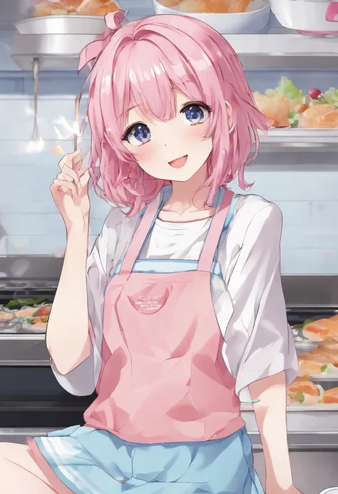 (Best Quality, 4k, Masterpiece:1.2), ((1Boy)), boy, (Solo), Pink hair, Short short hair, Knee-length shorts, Light blue pants, apron, white top, Pants suspension, Light blue suspenders, Smiling mouth, ((No background)), Pink eyes, Sorrisos, hair ribbons, m...