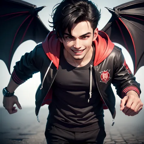 Smart boy, wearing hoody jacket, devil wings, devil smile, black hair, ultra realistic, 8k,