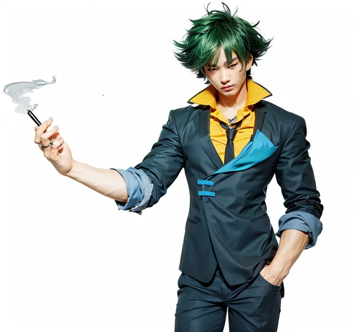 an asian man smoking with green hair wearing a suit, ultra realistic, high quality, detailed face