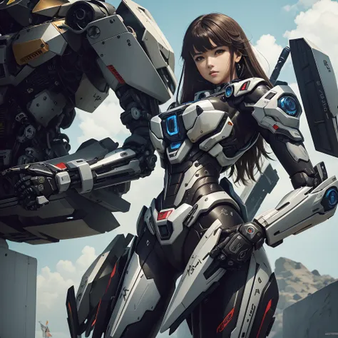 "Crie uma imagem altamente detalhada de uma garota mecha com (((detalhes intrincados))) e o (((extremely high quality))). The composition should focus on the mechanical intricacies of the mecha girl and her human characteristics. Jogue com designs inovador...