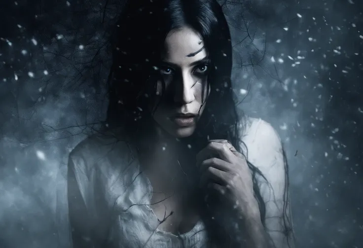 A woman with a hot figure, Long black hair covers the face, Full breasts, Wear a white transparent tunic, darkened room, From a TV set with twinkling snowflakes, Climb out slowly, Reach out and grab the lens