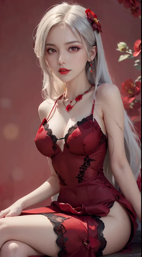 1 beautiful and sexy 20 year old girl, ((wearing a super thin red dress:1.8)), dress with diamonds, ((long platinum hair:1.6)), bangs, elaborate jewelry made from gemstones and beautiful hair, ( ( wearing a black lace necklace:1.4))), noble, noble style of...