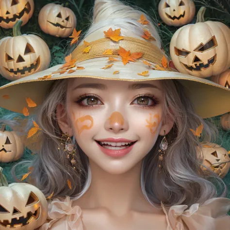 Halloween Hat、close-up of the smile face、close-up of the smile face、Halloween Designer、Halloween Supermodel、makeup、Glossy lips、Shining eyes、(realisitic、hight resolution)、(1 girl in)、Do-Up Eye、Korean Girl、(Best Quality), (masutepiece), (1girl in), Solo, a b...