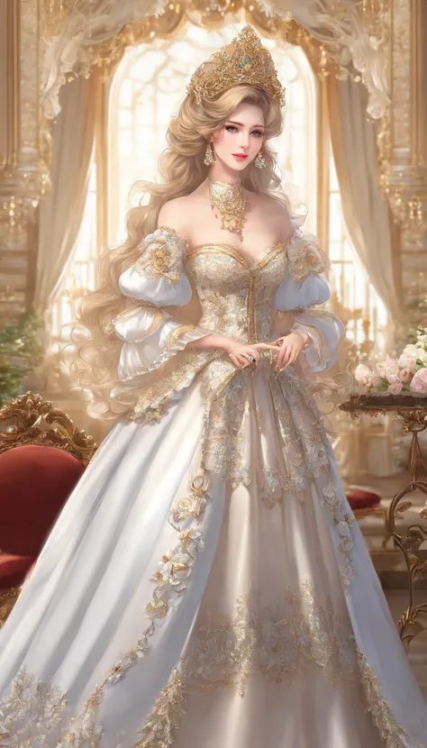 ((anime art style)),(Masterpiece),(Best quality),(Super detail),(Very delicate and beautiful),Solo,((full bodyesbian,stand posture)),Standing in the royal palace,((1 queen in a gorgeous rococo dress，Wear it with a voluminous full-length hoop skirt)),(crino...