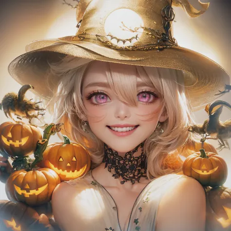 Halloween Hat、close-up of the smile face、close-up of the smile face、Halloween Designer、Halloween Supermodel、makeup、Glossy lips、Shining eyes、(realisitic、hight resolution)、(1 girl in)、Do-Up Eye、Korean Girl、(Best Quality), (masutepiece), (1girl in), Solo, a b...