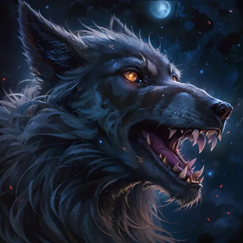 Werewolf Wolf, fierce, Rage, Eyes glow, ultrarealism, overdetalization, The texture of the wool is detailed, Cinematic, The right composition, a closeup of a, wide shoulders, grin, a starry sky, luna, Masterpiece, magnificence