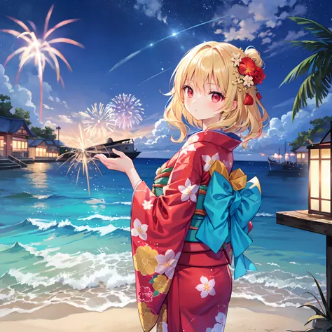 Wavy blonde、red eyes、Beautiful girl alone、Kimono、a moon、fireworks at background、natta、red blush、sea side