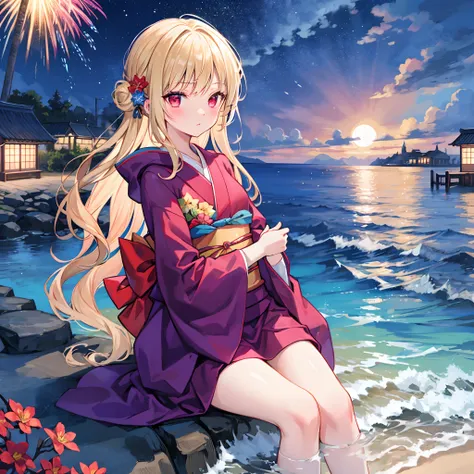 Wavy blonde、red eyes、Beautiful girl alone、Kimono、a moon、fireworks at background、natta、red blush、sea side