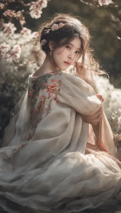 1girll, Moon, hair adornments, full moon, Cloud, sky,Night, Chinese clothes, Solo, Smile, Wide sleeves, Night sky, Long sleeves, flower, hug, hair flower, petals, child, Blush, parted lip, Black hair, Rabbit, Cloudy sky, forehead mark, Black eyes, face mar...