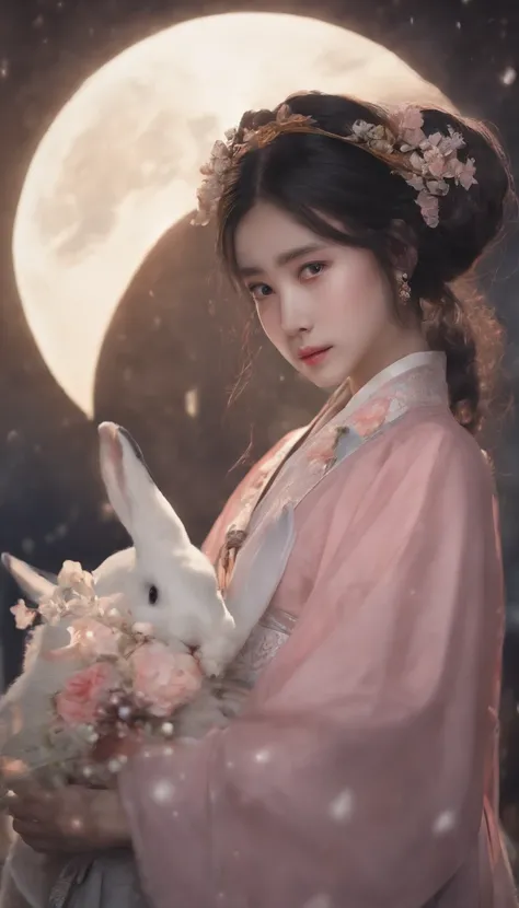 1girll, Moon, hair adornments, full moon, Cloud, sky,Night, Chinese clothes, Solo, Smile, Wide sleeves, Night sky, Long sleeves, flower, hug, hair flower, petals, child, Blush, parted lip, Black hair, Rabbit, Cloudy sky, forehead mark, Black eyes, face mar...