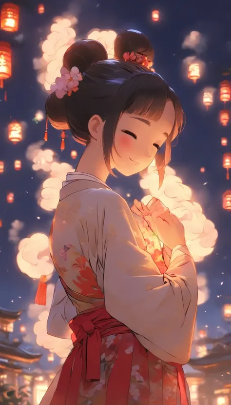 1girll, Moon, hair adornments, full moon, Cloud, sky,Night, Chinese clothes, Solo, Smile, Wide sleeves, Night sky, Long sleeves, flower, hug, hair flower, petals, child, Blush, parted lip, Black hair, Rabbit, Cloudy sky, forehead mark, Black eyes, face mar...