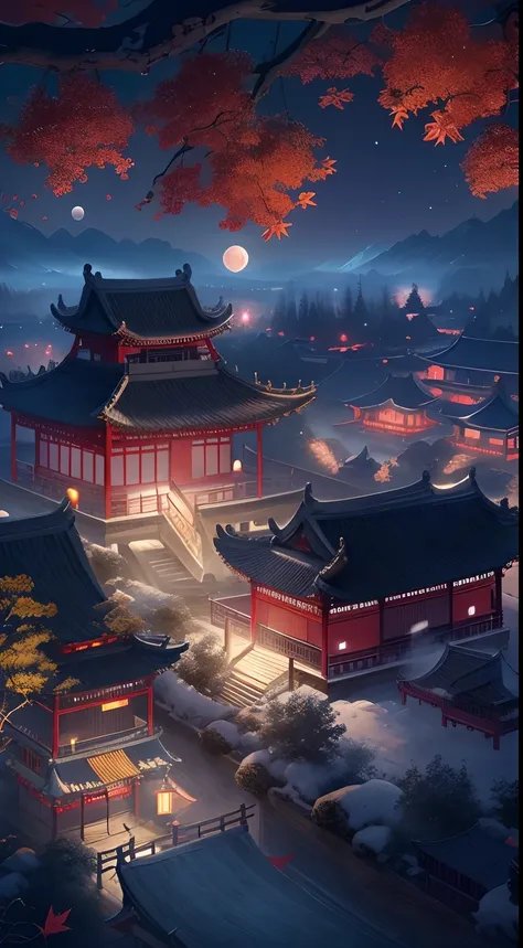 Surreal CG rendering ancient China，Jiangnan ancient buildings and ancient towns have Yaolin wonderland。the night，the huge moon：1.5，The stars are bright，The smoke is fascinating，Maple leaves and milk leaves are trees。snow landscape。k hd