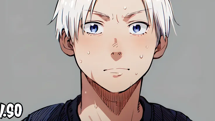 a anime of a boy cartoon, white hair, sweat, manga, text manga, color manga, manga color, color manga, color manga panel, simple background