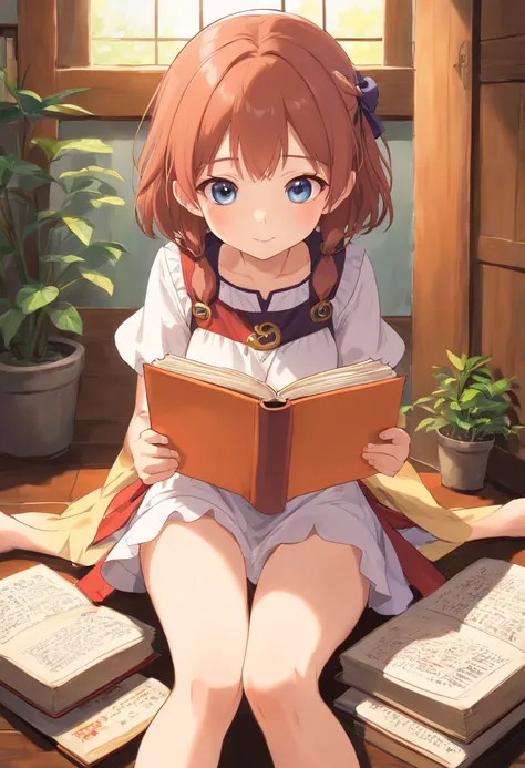 Cute loli，Barefoot，Tummy down，head looking up，Raise your feet，shift dresses，white panties，largeeyes，Anime cute face，looking at book，Wet da