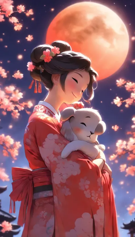 1girll, Moon, hair adornments, full moon, Cloud, sky,Night, Chinese clothes, Solo, Smile, Wide sleeves, Night sky, Long sleeves, flower, hug, hair flower, petals, child, Blush, parted lip, Black hair, Rabbit, Cloudy sky, forehead mark, Black eyes, face mar...