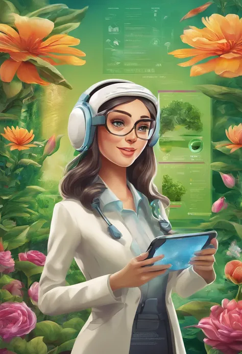 A girl creating the future with sales automation in a garden,illustration,high-tech gadgets,smartphone automation,artificial intelligence,sales data analysis,ultra-modern garden setting,greenery and flowers,shiny and sleek devices,innovation,excitement,aut...