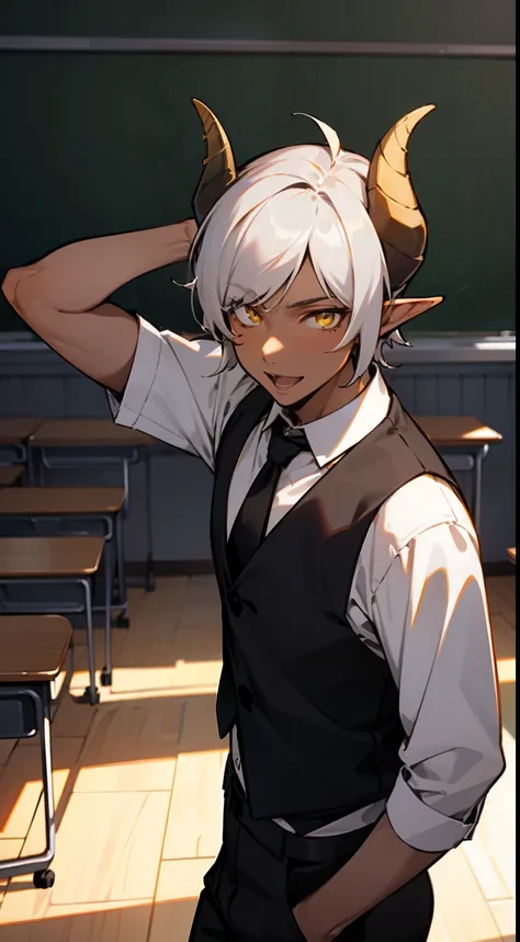 1boy,solo,happy,(dark skin,medium body,male face),white student shirt,black tie,black vest,black pants,Short hair,white hair,yellow eyes,elves ears,black horns,classroom