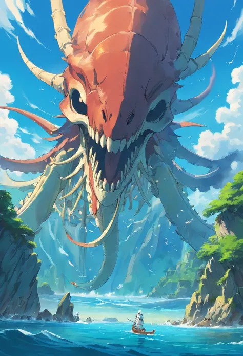 The skeleton of a huge sea beast lies across the island，Sea Islands，Island group，Water element in water，Huge animal bones，A majestic，spectacular，A wyvern swoops down，Ultra-long viewing angle，in a panoramic view，HighestQuali，