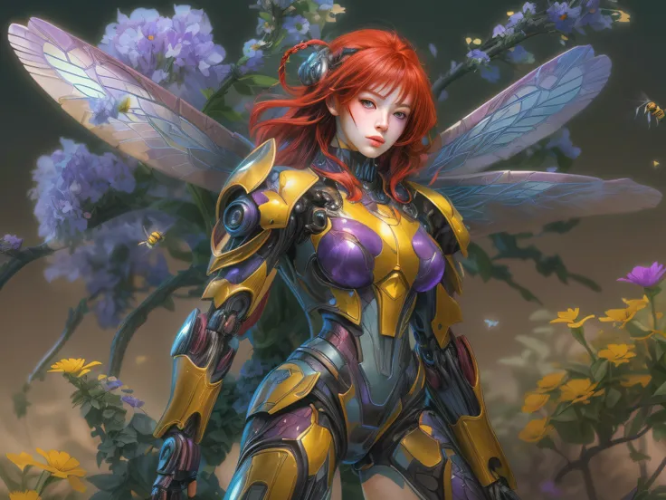 a picture of a mecha woman (riding a bee: 1.2)  flying near a purple  flower full body, an exquisite beautiful (ultra detailed, Masterpiece, best quality: 1.4) female mecha woman, dynamic angle (best detailed, Masterpiece, best quality), best detailed face...