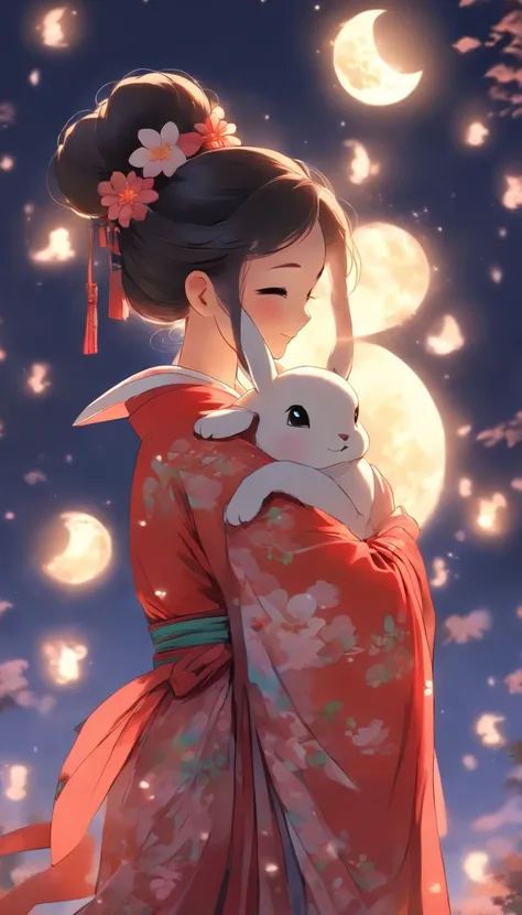 1girll, Moon, hair adornments, full moon, Cloud, sky,Night, Chinese clothes, Solo, Smile, Wide sleeves, Night sky, Long sleeves, flower, hug, hair flower, petals, child, Blush, parted lip, Black hair, Rabbit, Cloudy sky, forehead mark, Black eyes, face mar...