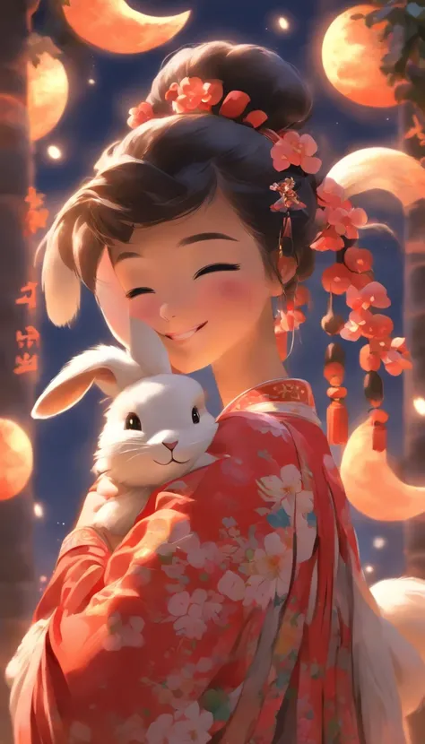 1girll, Moon, hair adornments, full moon, Cloud, sky,Night, Chinese clothes, Solo, Smile, Wide sleeves, Night sky, Long sleeves, flower, hug, hair flower, petals, child, Blush, parted lip, Black hair, Rabbit, Cloudy sky, forehead mark, Black eyes, face mar...