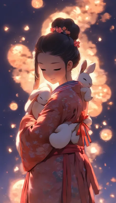 1girll, Moon, hair adornments, full moon, Cloud, sky,Night, Chinese clothes, Solo, Smile, Wide sleeves, Night sky, Long sleeves, flower, hug, hair flower, petals, child, Blush, parted lip, Black hair, Rabbit, Cloudy sky, forehead mark, Black eyes, face mar...