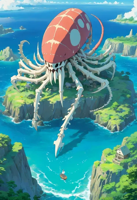 The skeleton of a huge sea beast lies across the island，Sea Islands，Island group，Water element in water，Huge animal bones，A majestic，spectacular，A wyvern swoops down，Ultra-long viewing angle，in a panoramic view，HighestQuali，Island background，Background cor...