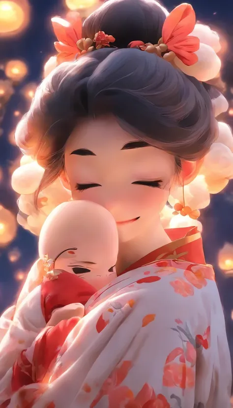 1girll, Moon, hair adornments, full moon, Cloud, sky,Night, Chinese clothes, Solo, Smile, Wide sleeves, Night sky, Long sleeves, flower, hug, hair flower, petals, child, Blush, parted lip, Black hair, Rabbit, Cloudy sky, forehead mark, Black eyes, face mar...