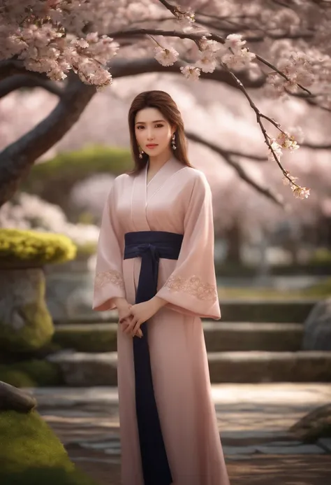 ((Best quality)), ((masterpiece)), ((realistic)), Girl with flawless beauty standing in a serene Japanese garden with cherry blossoms on eye level, scenic, masterpiece, (highres), original, extremely detailed 8K , (photorealistic:1.4),flawless face, perfec...