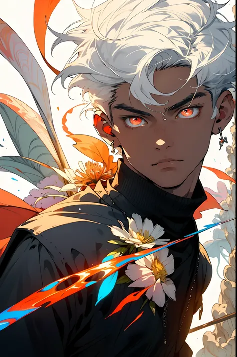 Realistic, (Masterpiece, Top Quality, Best Quality, Official Art, Beauty and Aesthetics: 1.2), Very Detailed, Fractal Art, Colorful, Most Detailed, Zentangle, (Abstract Background: 1.5) (1boy: 1.3), God, White Hair, Short Hair, (Glowing Red Eyes), Mysterio...