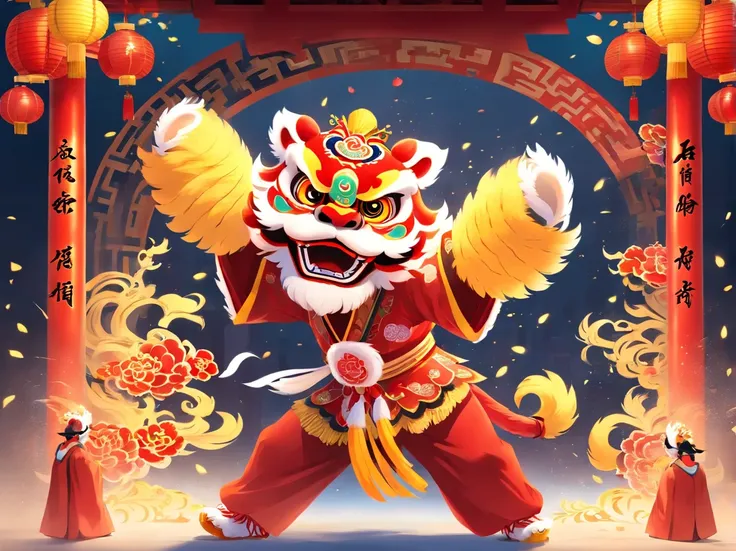 (Chinese lion dance:1.4)，It is held on the stage of the temple fair，The two girls wore gorgeous lion dance costumes，It is decorated with gold and red sequins and embroidery，Holding an elaborate lion head，A traditional lion dance is displayed with great ski...