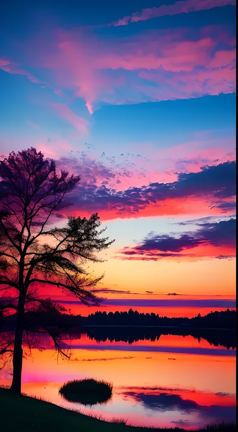 there is a beautiful sunset with a lake and trees in the background, colorful skies, surreal colors, colorful sunset, colorful sky, marvellous reflection of the sky, stunning sky, dream like atmosphere 8k, colorful clouds, colors reflecting on lake, surrea...