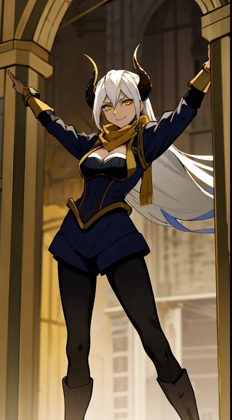 masterpiece, best quality,

gloria tyler, white hair, yellow eyes, smirk, long hair, large breasts, brown skin,horns

hidden arm...