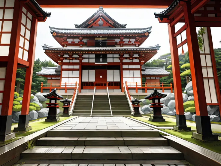 Close-up of a red and yellow building and the stairs leading to it, japanese temples, japanese temples, Shrine of Japan, kyoto inspired, ancient japanese architecture, japanese heritage, japanese architecture, inspired by Sesshū Tōyō, traditional japanese,...