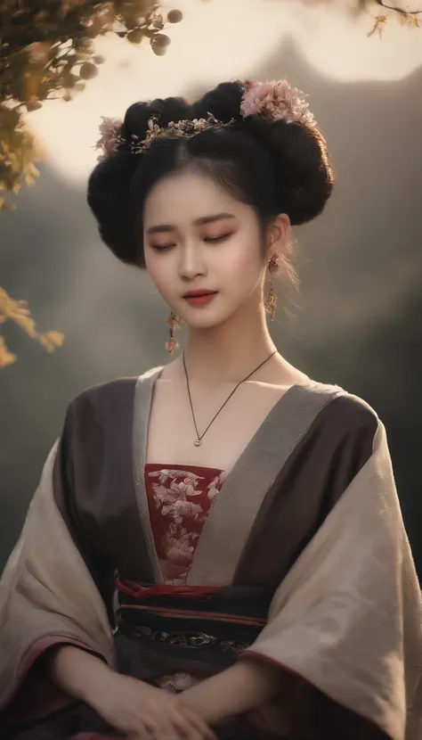 1girll, Moon, hair adornments, full moon, Cloud, sky,Night, Chinese clothes, Solo, Smile, Wide sleeves, Night sky, Long sleeves, flower, hug, hair flower, petals, child, Blush, parted lip, Black hair, Rabbit, Cloudy sky, forehead mark, Black eyes, face mar...