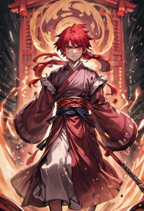 a cool，Cold，20代の男性，With manly red hair，Feathers on the back，Smooth long hair，Japanese dress，monk，Decorative Japanese clothing，haori，red eyes，smil，I have a tin cane，battleing，furred，nails are long，top-quality、(illustratio)、Background of Japan Shrine