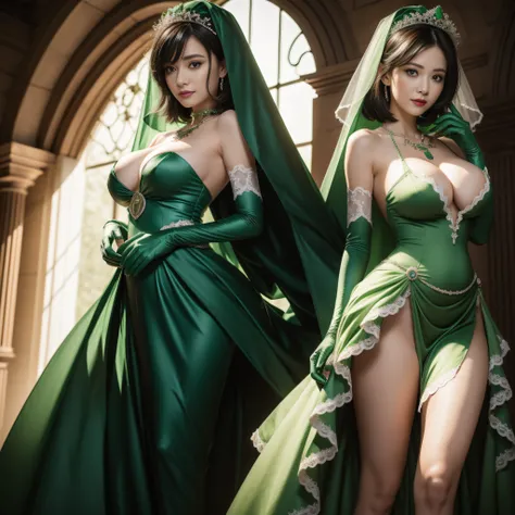 bride，Sense of atmosphere, best qualtiy，tmasterpiece，1girll，30-years old，Green dress，chies，full body Esbian, Green gloves，With short black hair,，big breasts beautiful，looking at viewert，ssmile，Green Bridal Veil，Green Long Grove，Satin green long gloves,　lip...