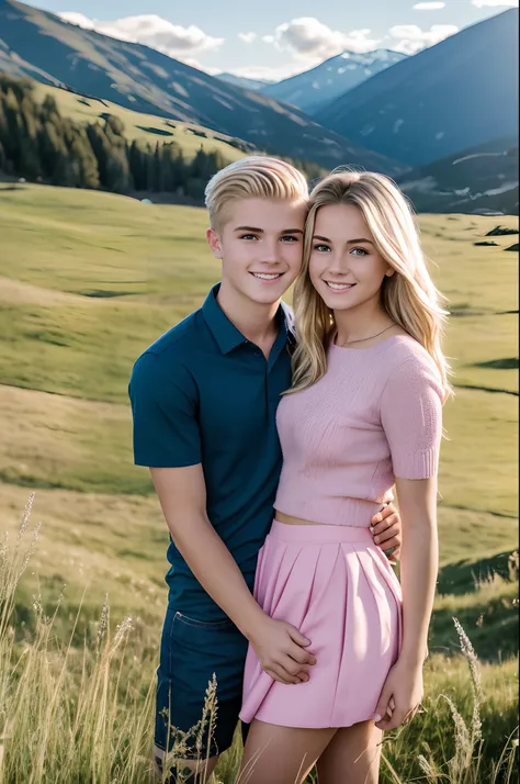 portrait of 18 years old blonde man in dark blue shirt looking to the camera, hugging beautiful blonde girl in pink mini skirt with wide hips, background meadow with grass and green mountains with snow on the tips, full body