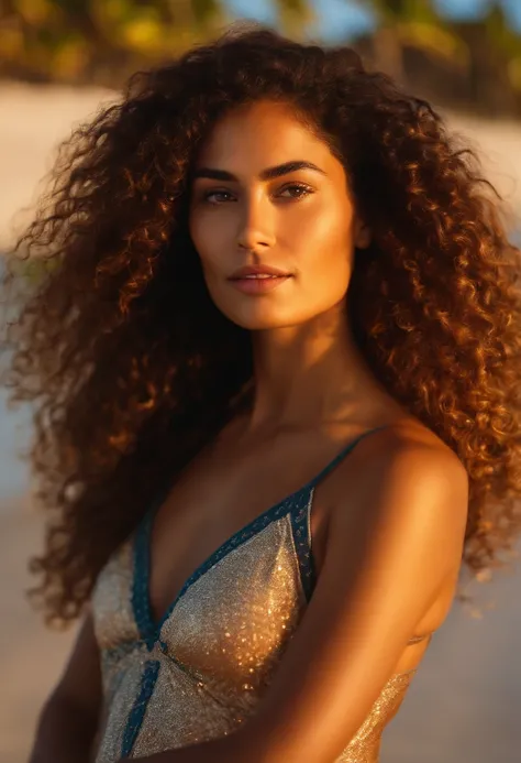 REALISTIC POTRAIT OF A WOMEN , TAHITI ISALAND WOMEN , CURLY HAIRS , SHINY SKINS , BEAUTIFUL EYES , MATCHING TOP AND BOTTAM BEACH WEAR , GOLDENHOUR LIGHTING