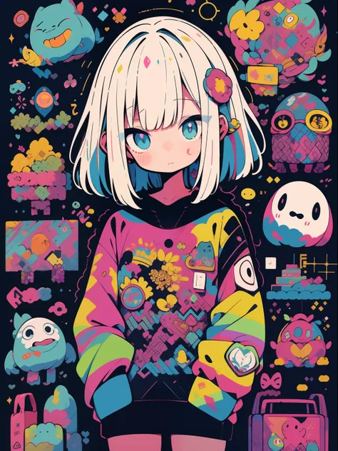 alta qualidade、Neon color palette、High-level image quality、kawaii menina、Unprecedented number of draws、estilo anime、Geometric pattern background、estilo de adesivo、short hair、Cabelos escuros、olhos castanhos, messy hair, Menhera, Ataduras, roupas largas, cam...