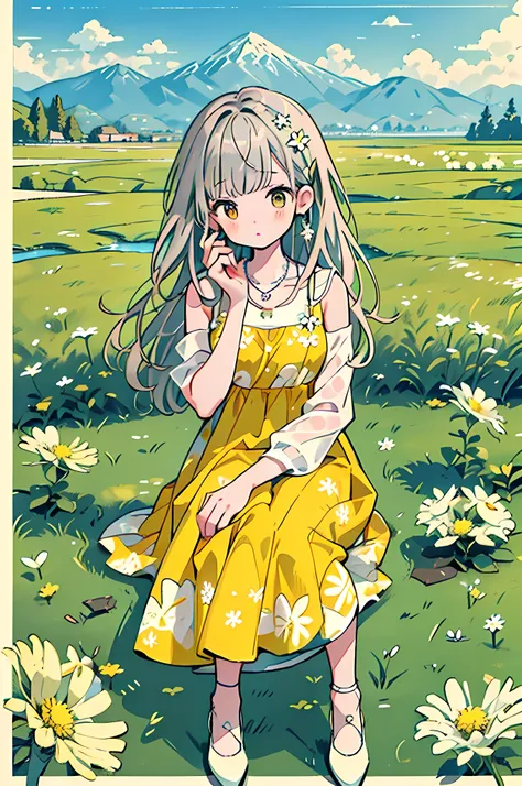 (Best quality, 4K, 8K, highs, Masterpiece: 1.2), Ultra detailed, Any time, Illustration art, Cardboard style, (Girl sitting on grade: 1.4), Distance from mountains, urban skyline, White daisies, Yellow dress, Straight dress, Beautiful and detailed Facial f...