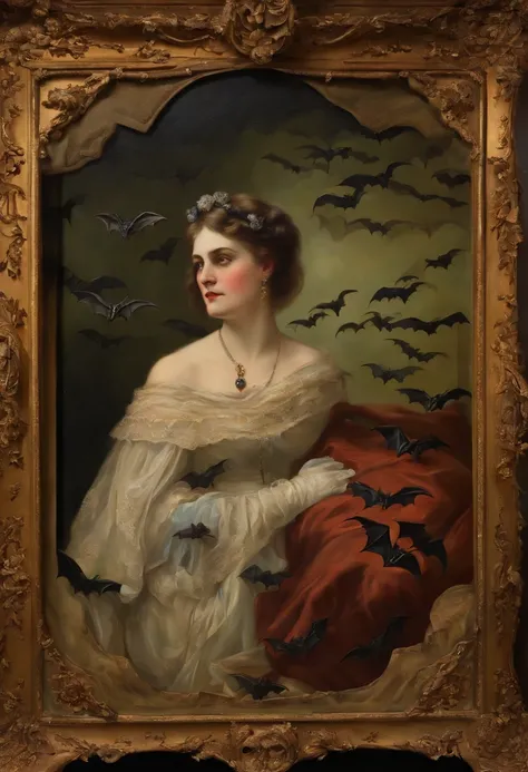 victorian painting, a cluster of bats in the shape of a woman