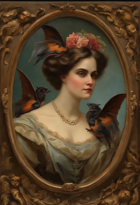 victorian painting, a cluster of bats in the shape of a woman