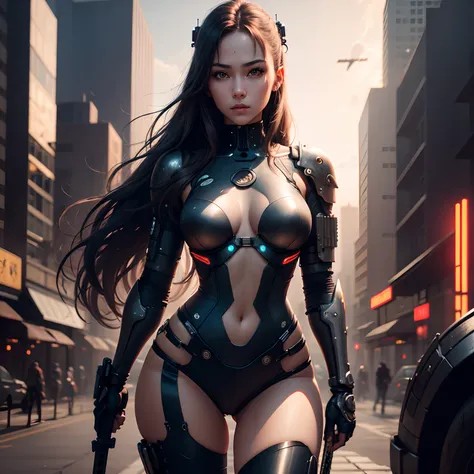 photorealistic, high resolution, soft light,1women, solo, hips up, (detailed face), white long hair, cybersamurai, cyborg, cyberpunk, cyber armor, holding weapon,glowing,katana, city at night