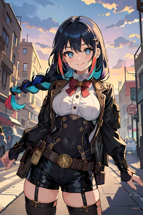 masterpiece, best quality, official art, illustration, (ligne claire:1.3), highres, absurdres, ultra-detailed, 8k, 1girl, blue hair, violett hair, long hair, braids, multicolored hair, gradient hair, looking at viewer, colorful eyes, colorful steampunk out...