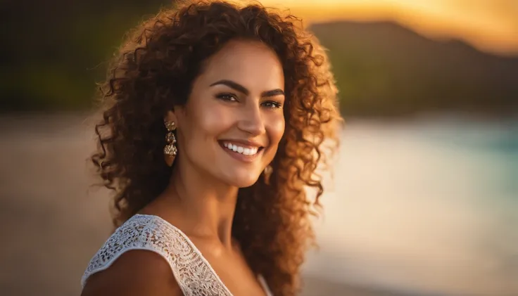 REALISTIC POTRAIT OF A WOMEN SHOT WITH TILT SHIFT LENS , TAHITI ISALAND WOMEN, CURVY BUT FIT WOMEN , CURLY HAIRS , SHINY SKINS , BEAUTIFUL EYES , MATCHING TOP AND BOTTAM BEACH WEAR LIKE TAILOR AND CIRCUS INNERS , GOLDENHOUR LIGHTING , WHITE TEETH SMILING